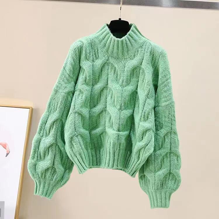 Suéter de mujer de manga larga con cuello medio alto y base holgada para otoño e invierno, top de punto con mangas abullonadas