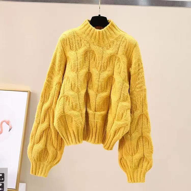 Suéter de mujer de manga larga con cuello medio alto y base holgada para otoño e invierno, top de punto con mangas abullonadas