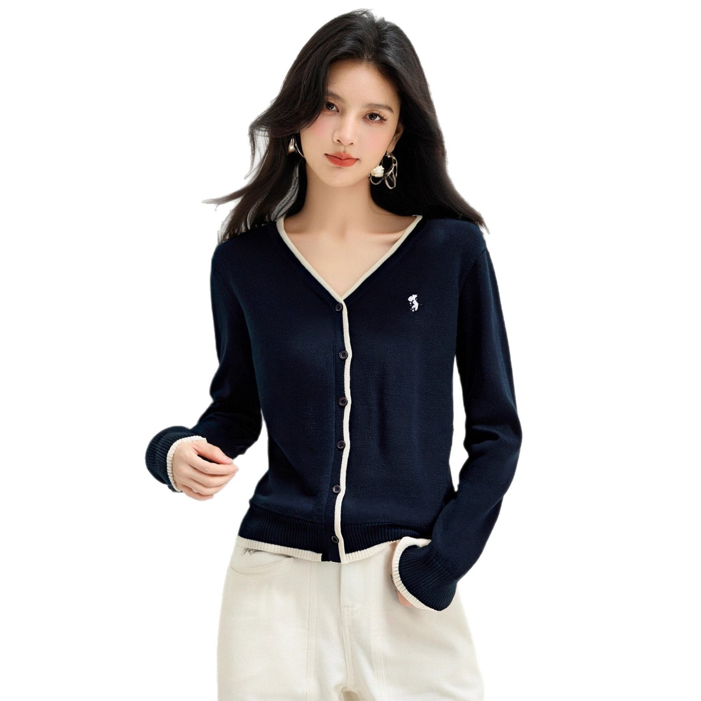 style V-neck gray knit cardigan sweater for women early autumn cozy look lazy style color-blocked knit top