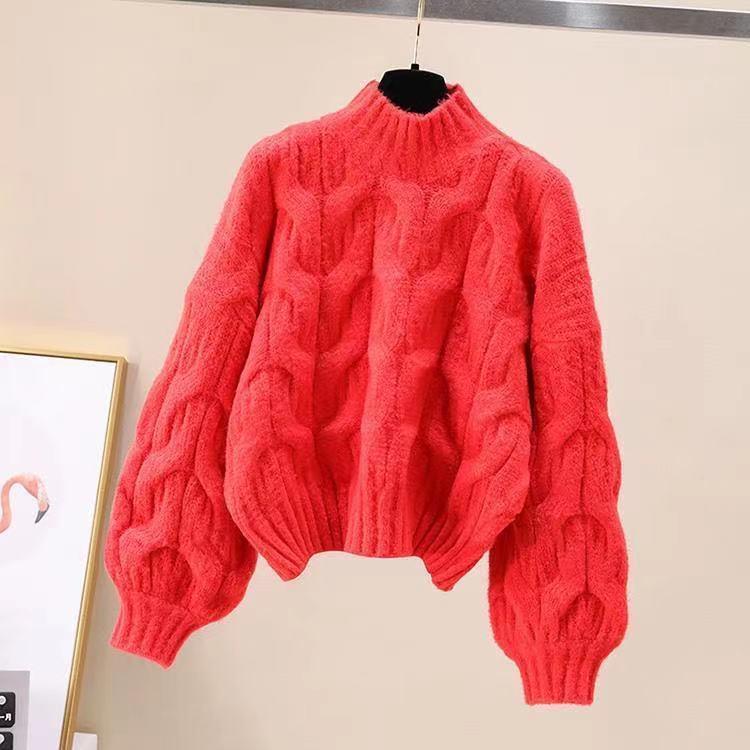 Suéter de mujer de manga larga con cuello medio alto y base holgada para otoño e invierno, top de punto con mangas abullonadas