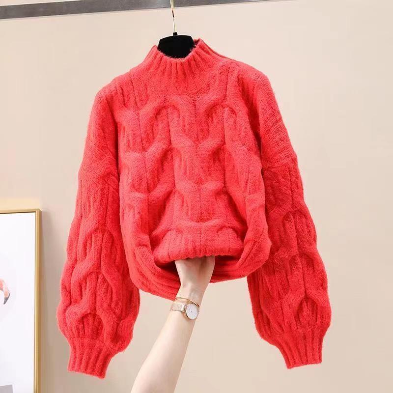 Suéter de mujer de manga larga con cuello medio alto y base holgada para otoño e invierno, top de punto con mangas abullonadas
