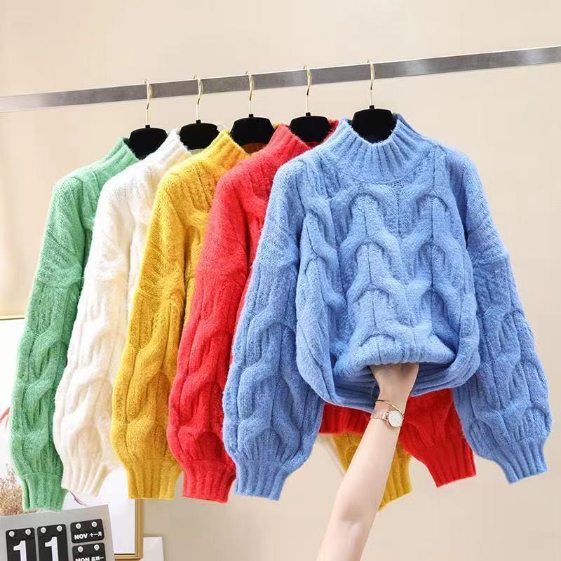 Suéter de mujer de manga larga con cuello medio alto y base holgada para otoño e invierno, top de punto con mangas abullonadas