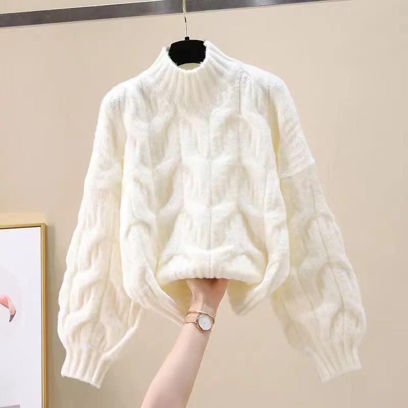 Suéter de mujer de manga larga con cuello medio alto y base holgada para otoño e invierno, top de punto con mangas abullonadas