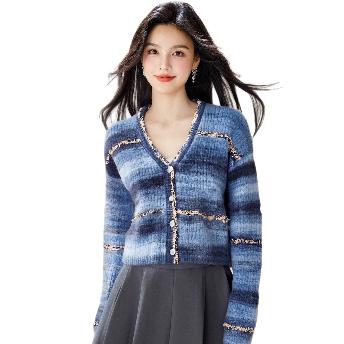 French Style Chic V-Neck Long Sleeve Knit Cardigan for Women, Loose Slim Fit Single Buttoned Ruffle Collar Sweater