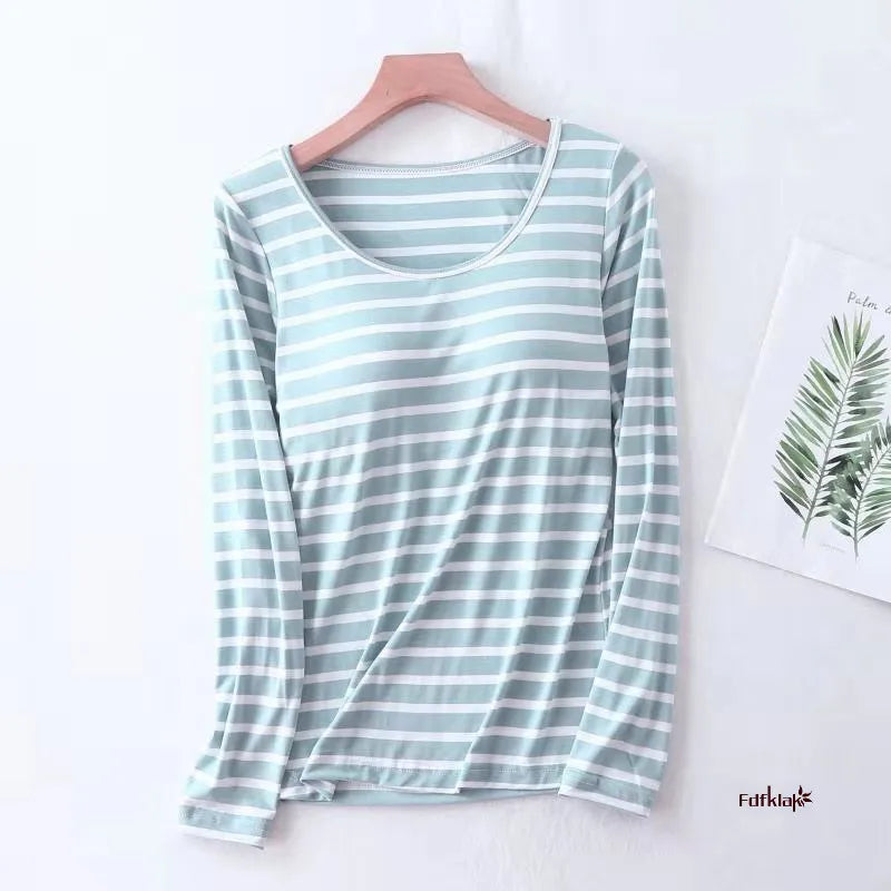 Casual Loose Pajamas for Women Long Sleeve Spring Autumn Pijamas Womens Sleepwear Bra pad Stripe Modal Ladies Set Pyjama Femme