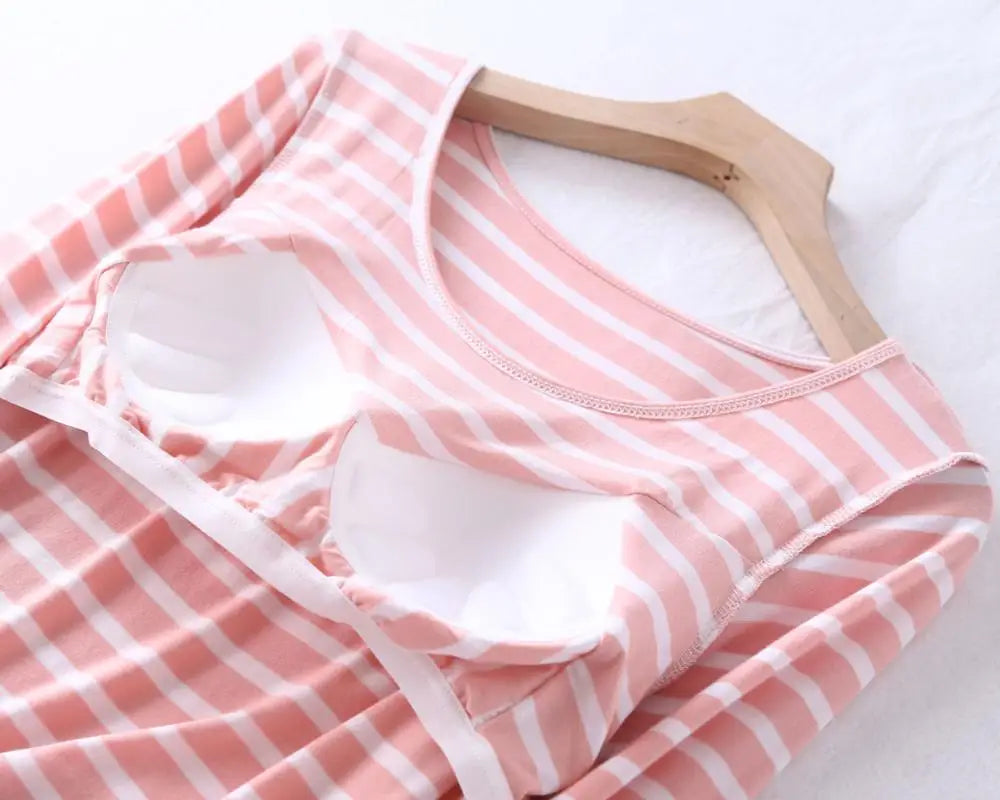 Casual Loose Pajamas for Women Long Sleeve Spring Autumn Pijamas Womens Sleepwear Bra pad Stripe Modal Ladies Set Pyjama Femme