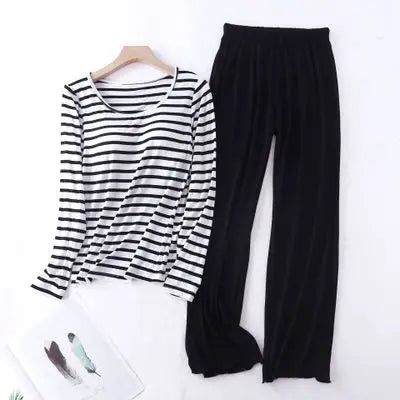 Casual Loose Pajamas for Women Long Sleeve Spring Autumn Pijamas Womens Sleepwear Bra pad Stripe Modal Ladies Set Pyjama Femme