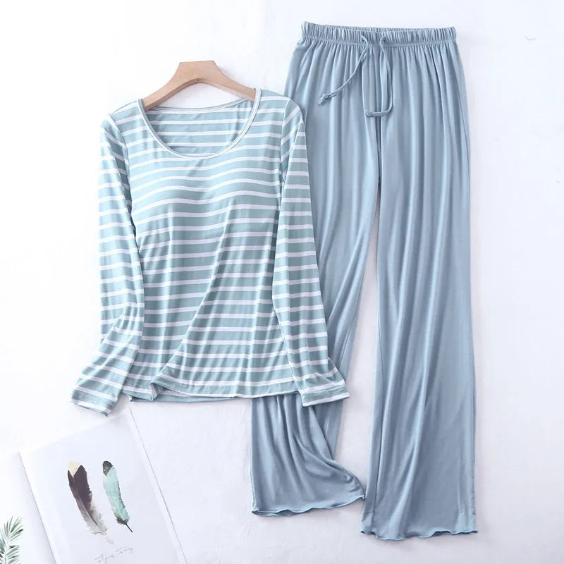 Casual Loose Pajamas for Women Long Sleeve Spring Autumn Pijamas Womens Sleepwear Bra pad Stripe Modal Ladies Set Pyjama Femme