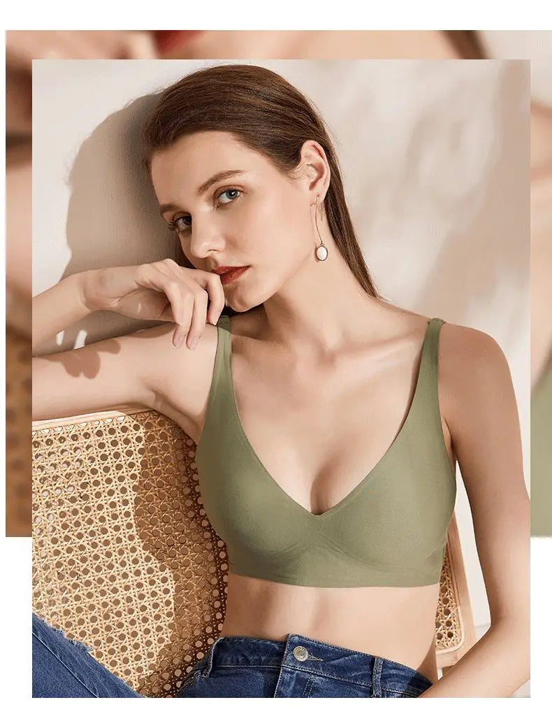 Seamless Women Underwear Sexy V-neck No Steel Ring Small Chest Gathered Adjustable Support Small Comfortable Thin Top Bra