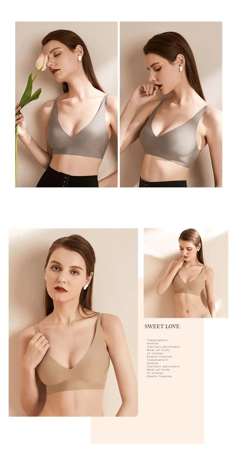 Seamless Women Underwear Sexy V-neck No Steel Ring Small Chest Gathered Adjustable Support Small Comfortable Thin Top Bra