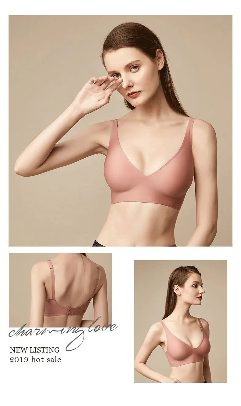 Seamless Women Underwear Sexy V-neck No Steel Ring Small Chest Gathered Adjustable Support Small Comfortable Thin Top Bra