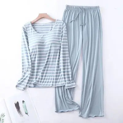 Casual Loose Pajamas for Women Long Sleeve Spring Autumn Pijamas Womens Sleepwear Bra pad Stripe Modal Ladies Set Pyjama Femme