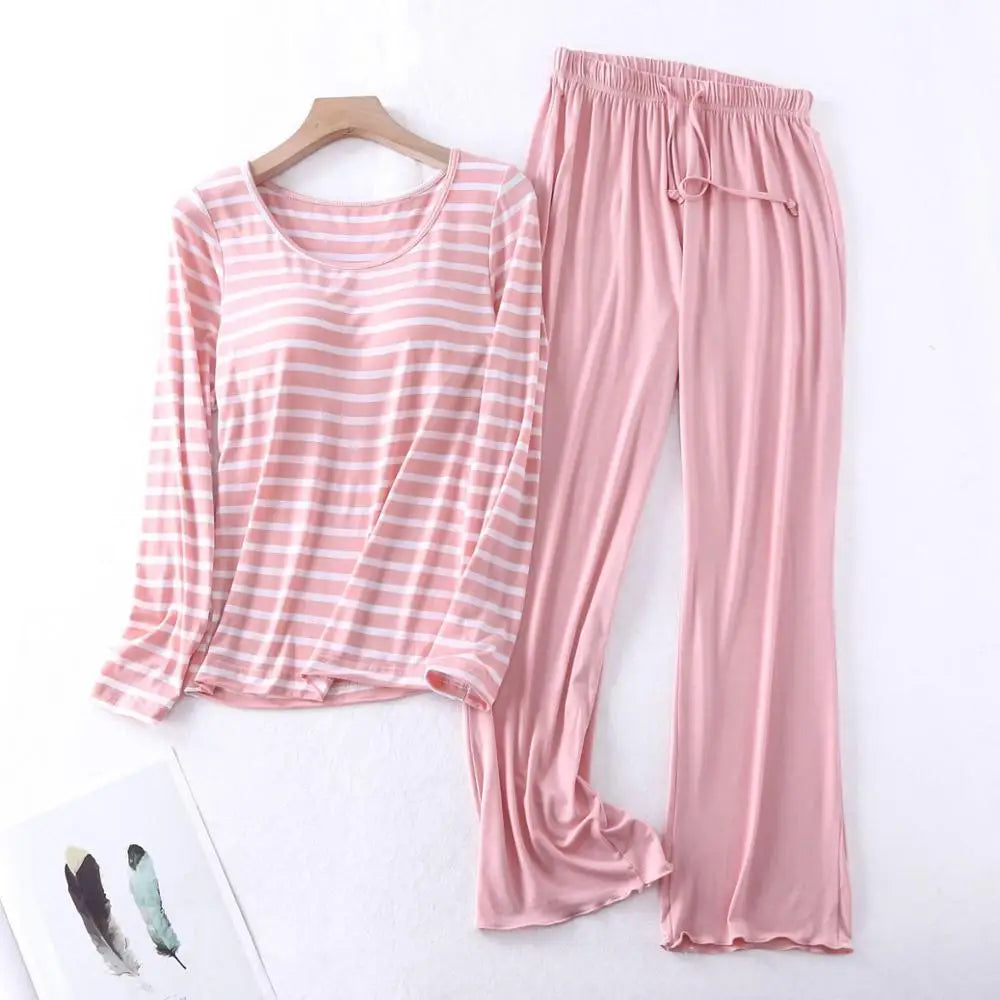 Casual Loose Pajamas for Women Long Sleeve Spring Autumn Pijamas Womens Sleepwear Bra pad Stripe Modal Ladies Set Pyjama Femme