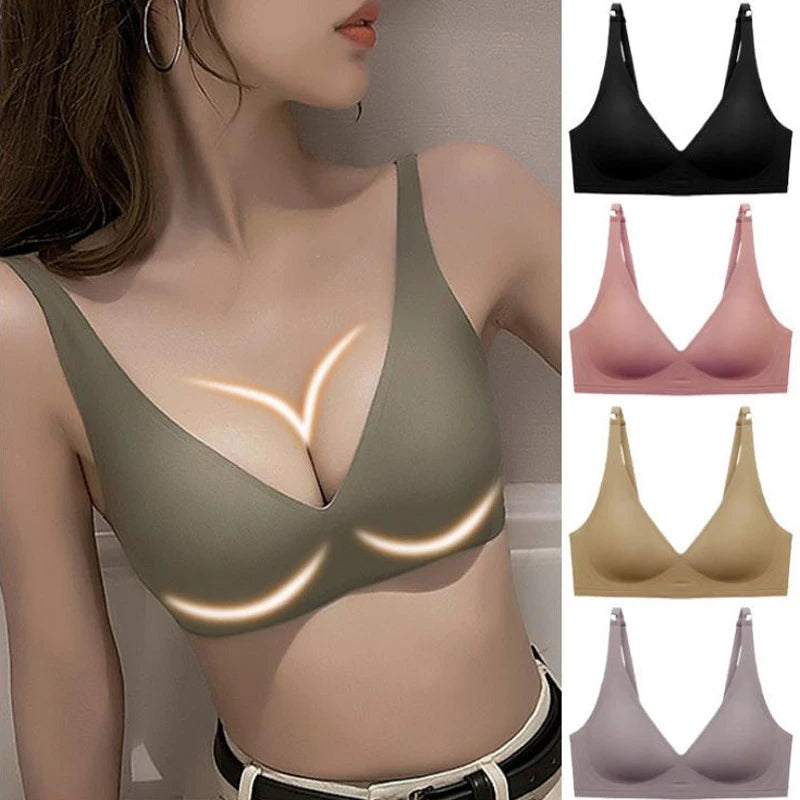 Seamless Women Underwear Sexy V-neck No Steel Ring Small Chest Gathered Adjustable Support Small Comfortable Thin Top Bra