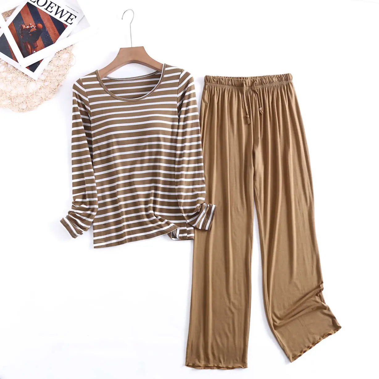Casual Loose Pajamas for Women Long Sleeve Spring Autumn Pijamas Womens Sleepwear Bra pad Stripe Modal Ladies Set Pyjama Femme