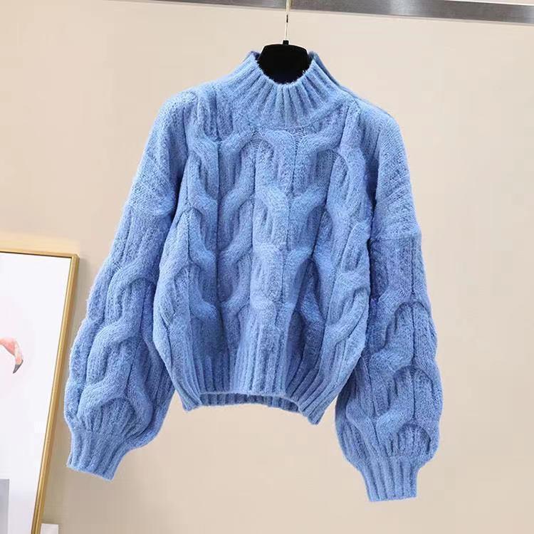 Suéter de mujer de manga larga con cuello medio alto y base holgada para otoño e invierno, top de punto con mangas abullonadas