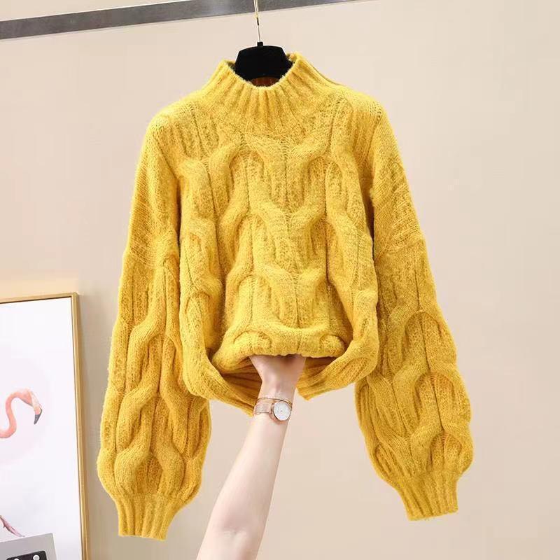 Suéter de mujer de manga larga con cuello medio alto y base holgada para otoño e invierno, top de punto con mangas abullonadas