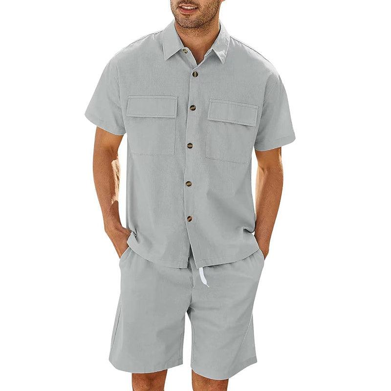 Trajes de verano para hombre, camisa de manga corta con bolsillos de solapa y pantalones cortos con cordón, ropa deportiva de moda para el tiempo libre para hombre