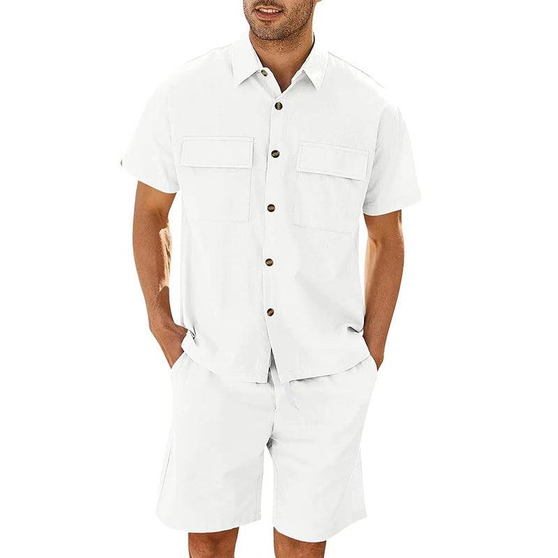 Trajes de verano para hombre, camisa de manga corta con bolsillos de solapa y pantalones cortos con cordón, ropa deportiva de moda para el tiempo libre para hombre