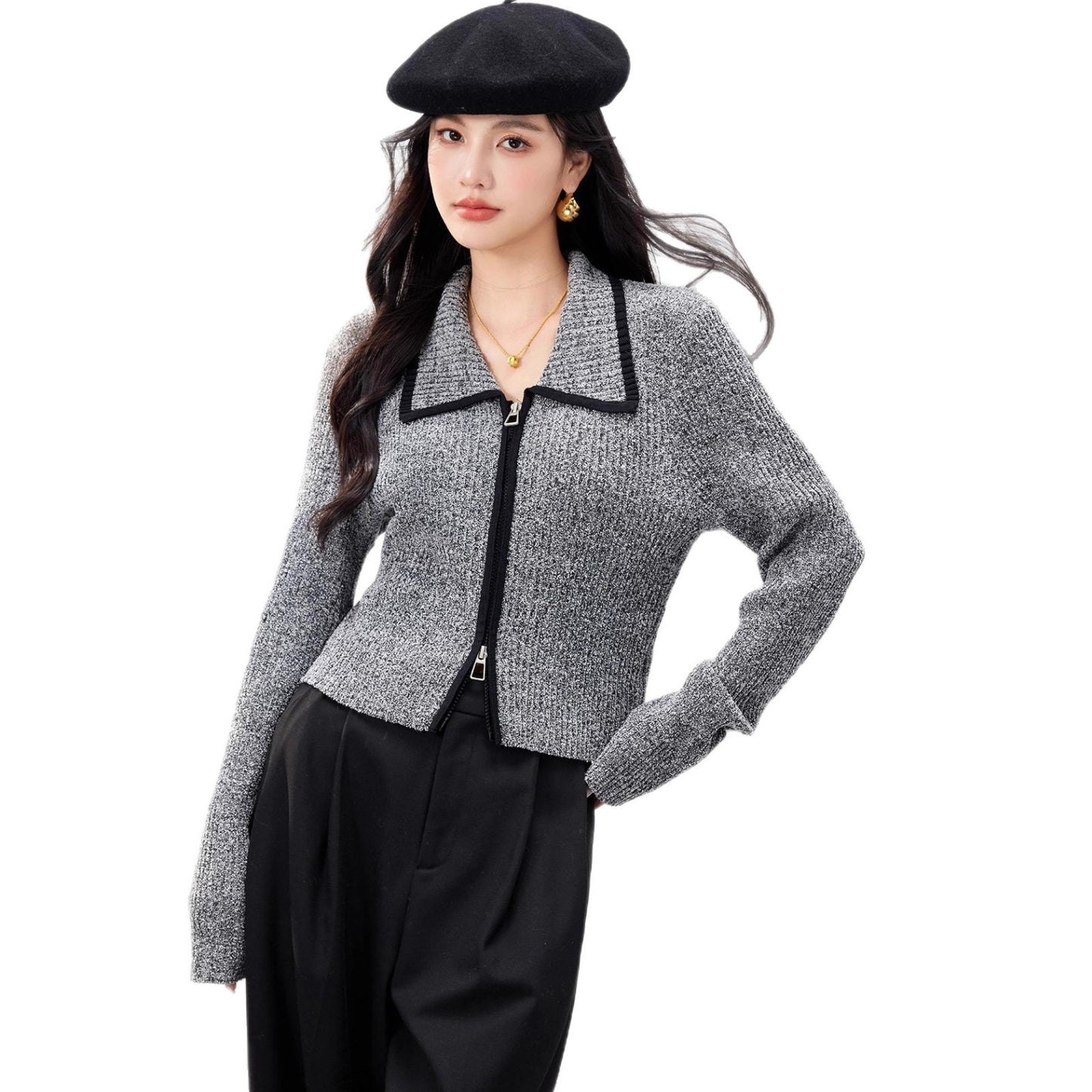 Black and Gray Contrast Double-Zipper Knit Cardigan for Women, Long Sleeve, Chic Xiao Xiang Feng Style Top