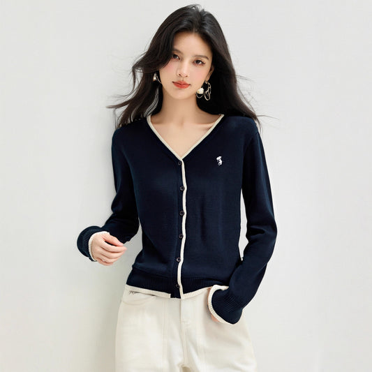 style V-neck gray knit cardigan sweater for women early autumn cozy look lazy style color-blocked knit top