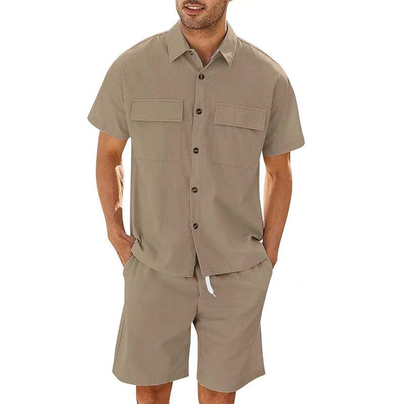 Trajes de verano para hombre, camisa de manga corta con bolsillos de solapa y pantalones cortos con cordón, ropa deportiva de moda para el tiempo libre para hombre