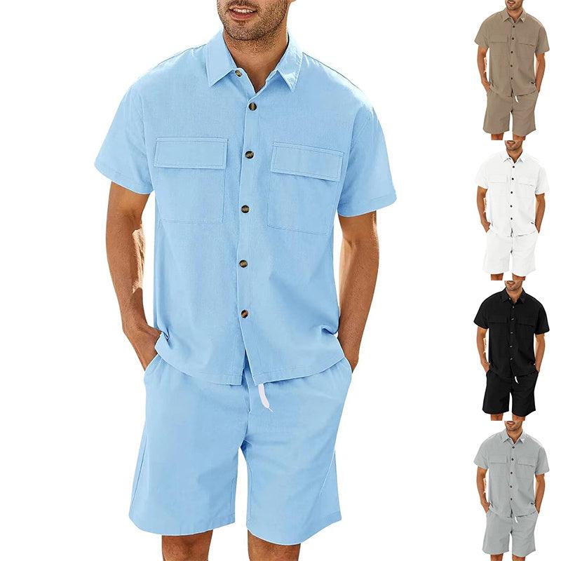 Trajes de verano para hombre, camisa de manga corta con bolsillos de solapa y pantalones cortos con cordón, ropa deportiva de moda para el tiempo libre para hombre