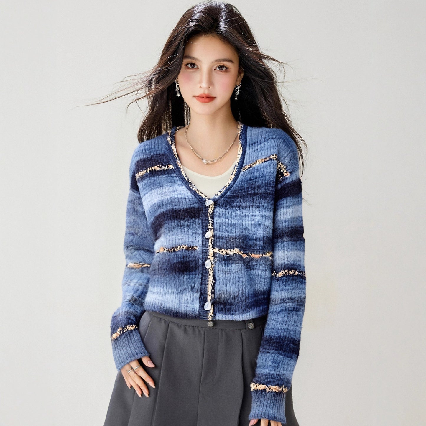 French Style Chic V-Neck Long Sleeve Knit Cardigan for Women, Loose Slim Fit Single Buttoned Ruffle Collar Sweater