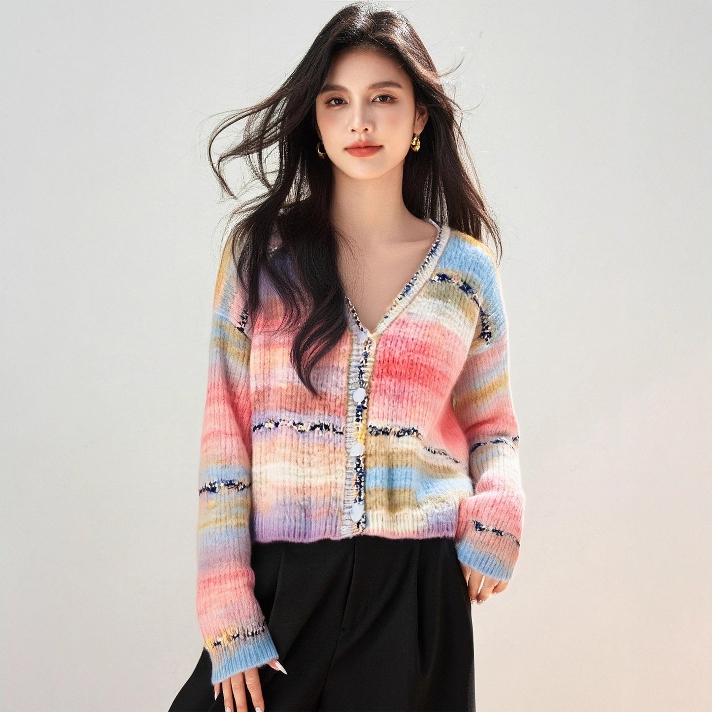 French Style Chic V-Neck Long Sleeve Knit Cardigan for Women, Loose Slim Fit Single Buttoned Ruffle Collar Sweater