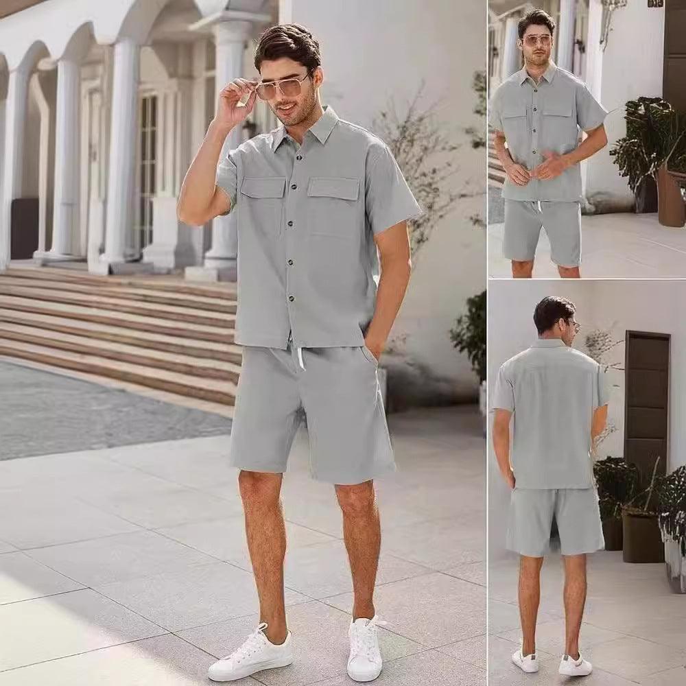 Trajes de verano para hombre, camisa de manga corta con bolsillos de solapa y pantalones cortos con cordón, ropa deportiva de moda para el tiempo libre para hombre