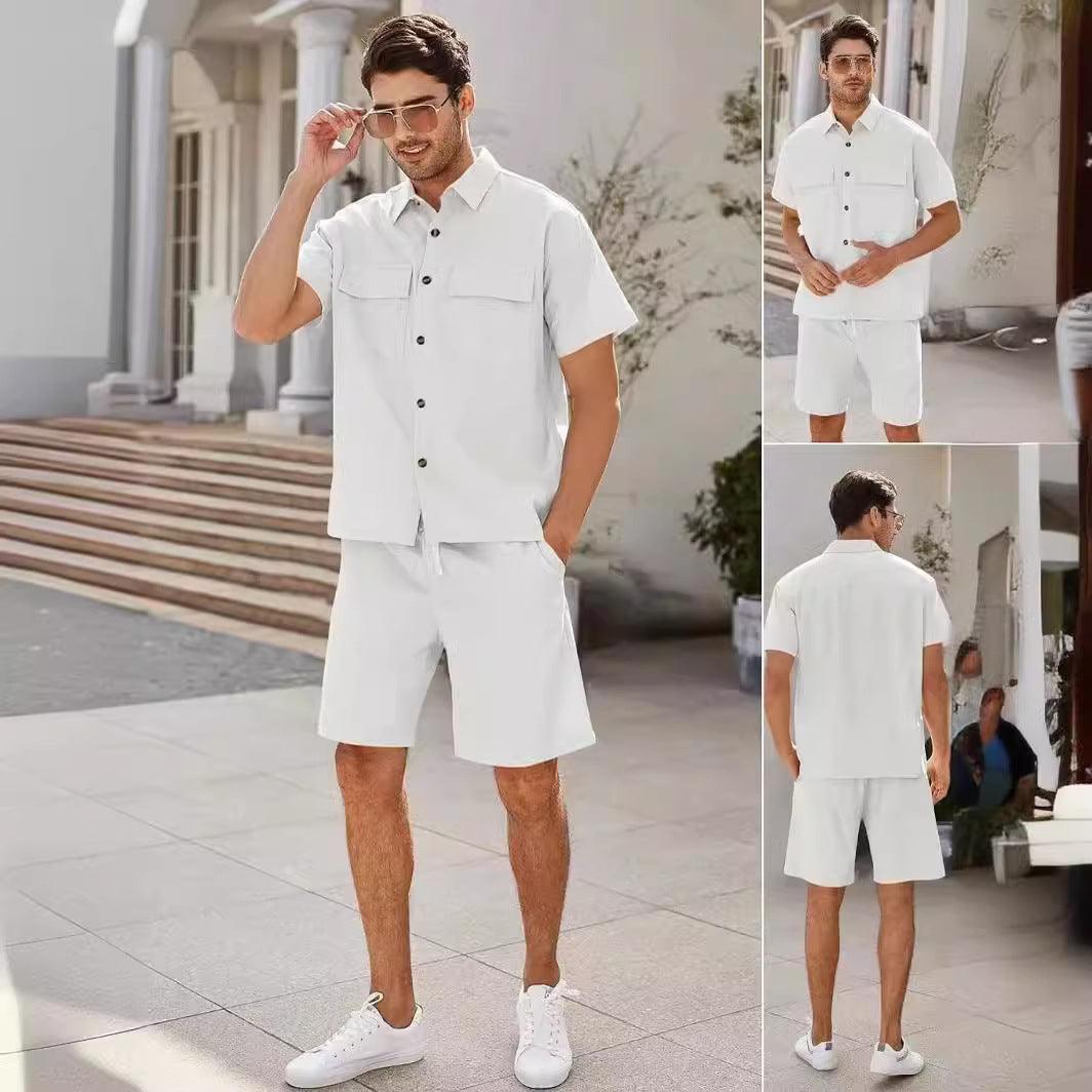 Trajes de verano para hombre, camisa de manga corta con bolsillos de solapa y pantalones cortos con cordón, ropa deportiva de moda para el tiempo libre para hombre