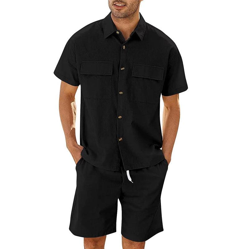 Trajes de verano para hombre, camisa de manga corta con bolsillos de solapa y pantalones cortos con cordón, ropa deportiva de moda para el tiempo libre para hombre