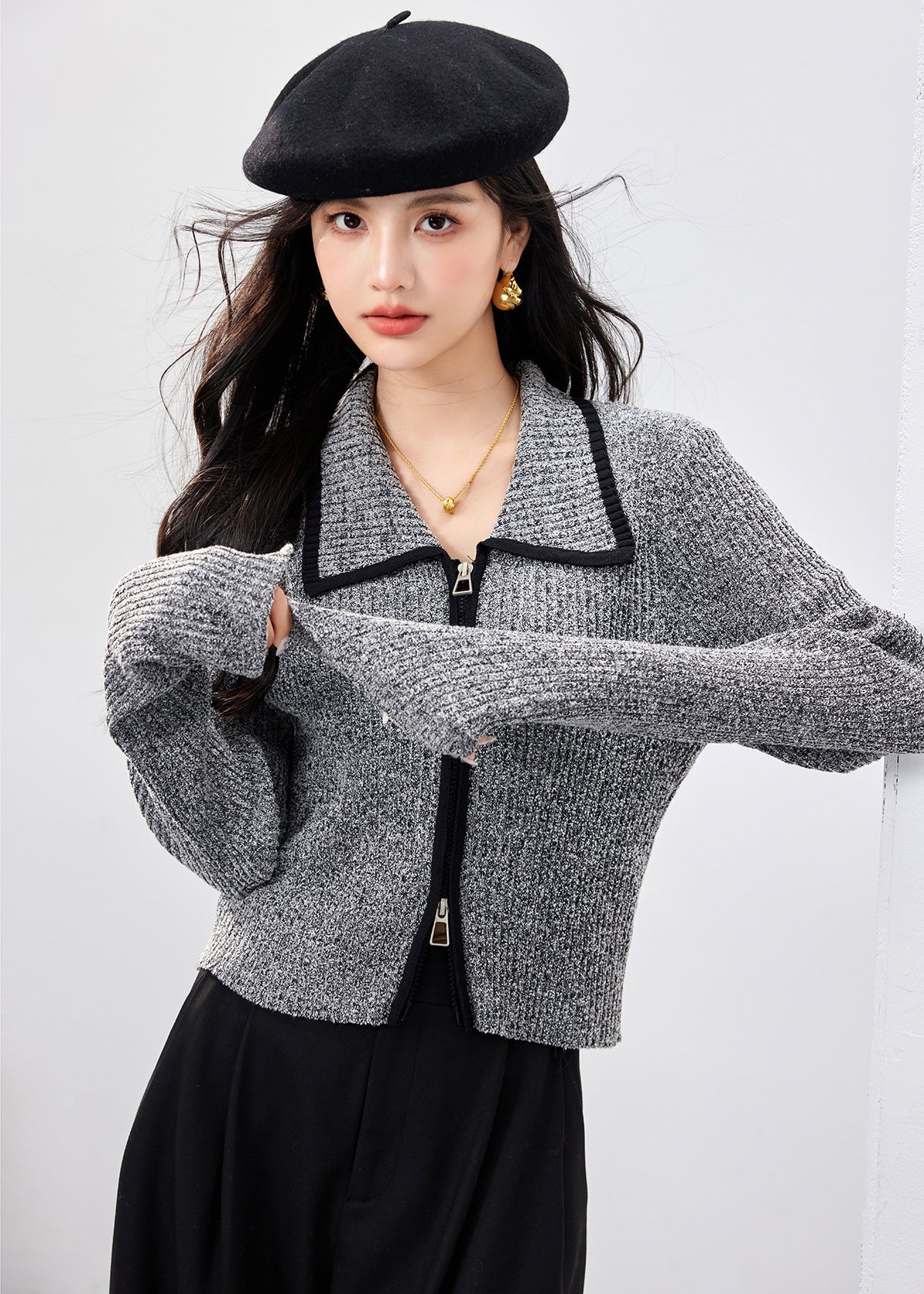 Black and Gray Contrast Double-Zipper Knit Cardigan for Women, Long Sleeve, Chic Xiao Xiang Feng Style Top