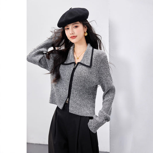 Black and Gray Contrast Double-Zipper Knit Cardigan for Women, Long Sleeve, Chic Xiao Xiang Feng Style Top