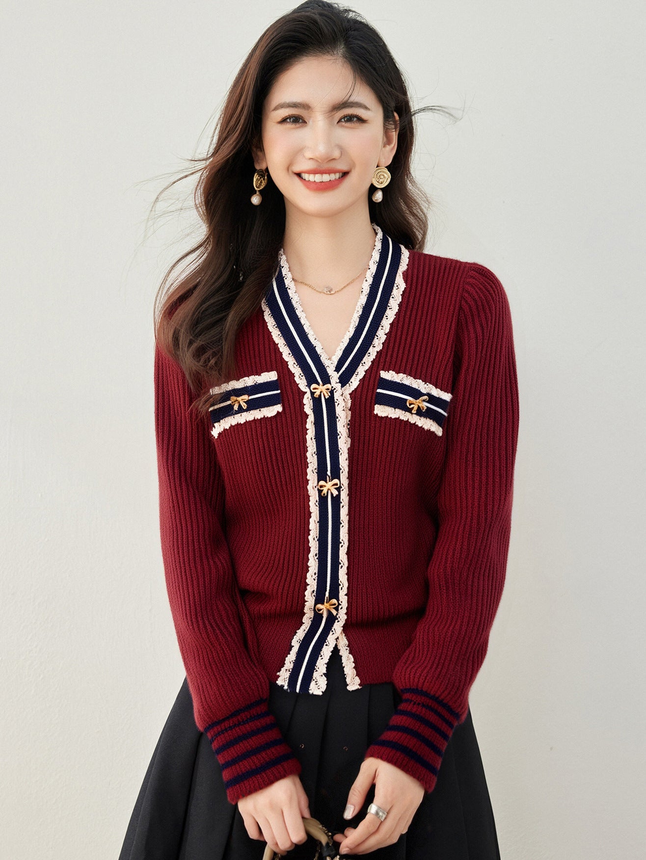 Cute V-neck Lace Patchwork Knit Cardigan Top for Women, Korean Academic Style
