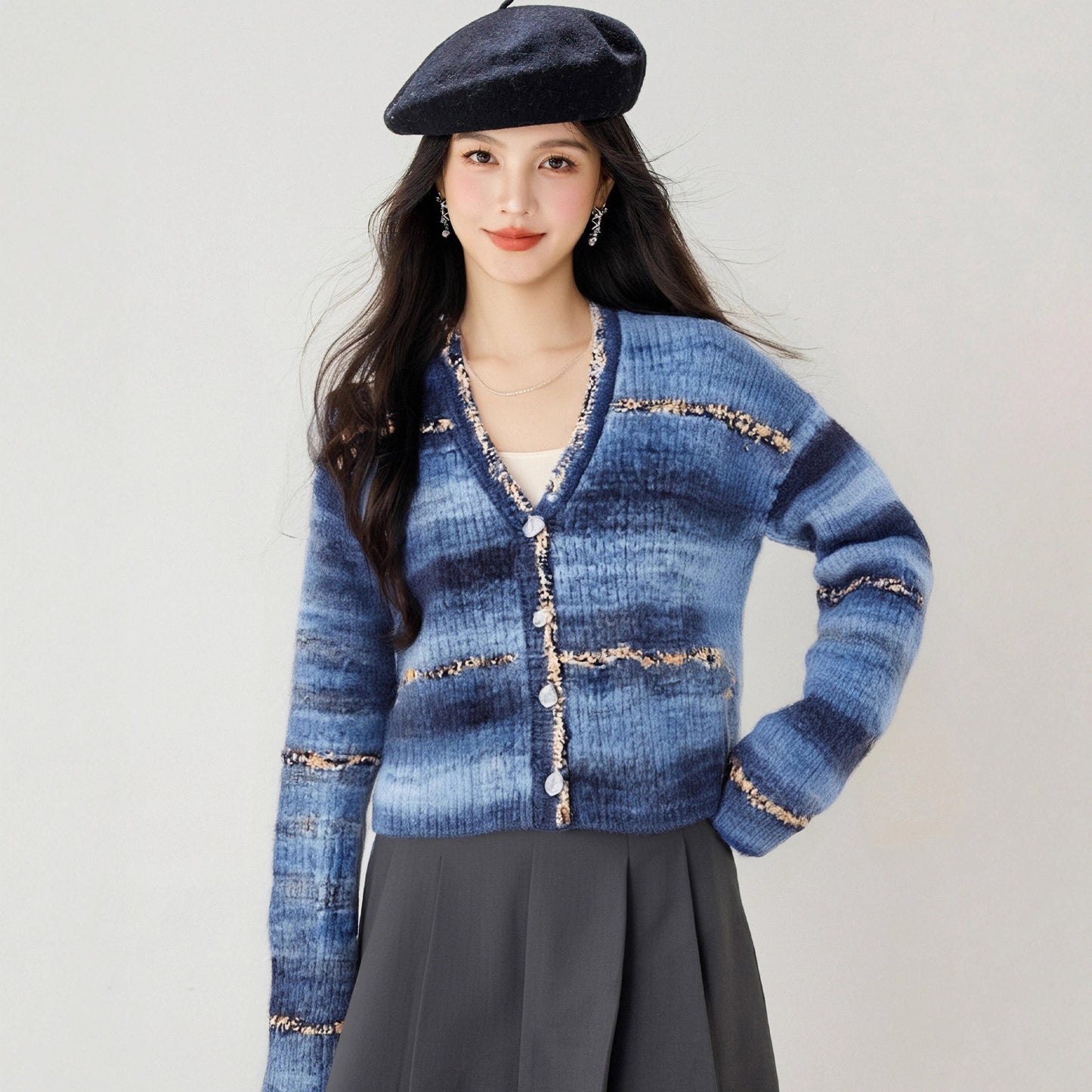 French Style Chic V-Neck Long Sleeve Knit Cardigan for Women, Loose Slim Fit Single Buttoned Ruffle Collar Sweater