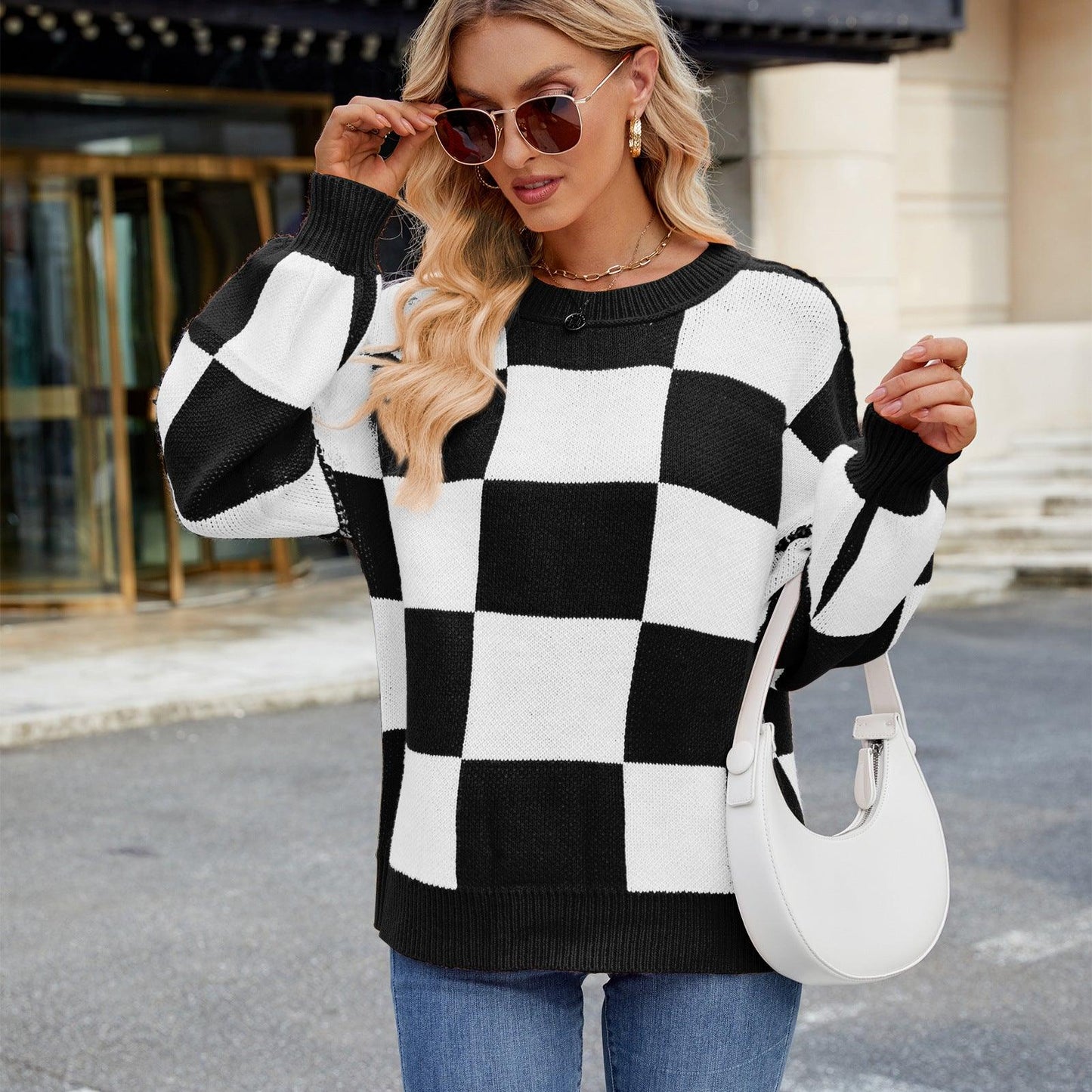 Women's Casual Plaid Color Matching Sweater