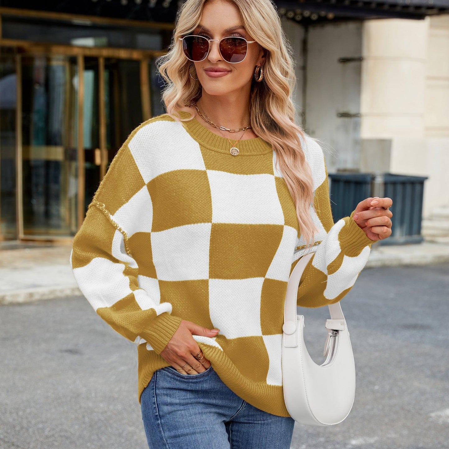 Women's Casual Plaid Color Matching Sweater