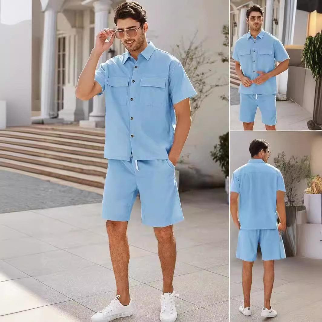 Trajes de verano para hombre, camisa de manga corta con bolsillos de solapa y pantalones cortos con cordón, ropa deportiva de moda para el tiempo libre para hombre