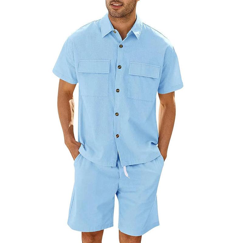 Trajes de verano para hombre, camisa de manga corta con bolsillos de solapa y pantalones cortos con cordón, ropa deportiva de moda para el tiempo libre para hombre