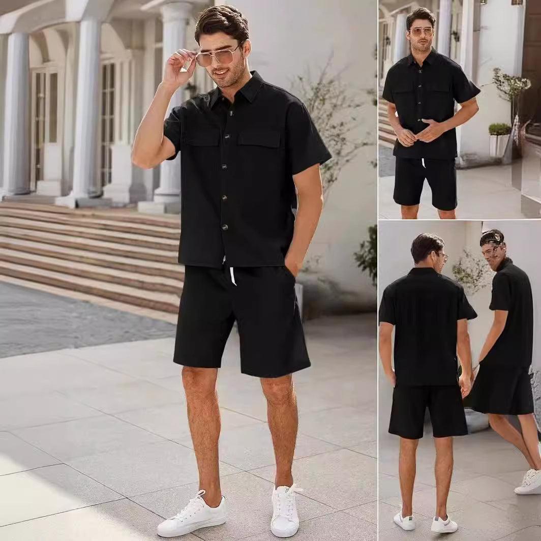 Trajes de verano para hombre, camisa de manga corta con bolsillos de solapa y pantalones cortos con cordón, ropa deportiva de moda para el tiempo libre para hombre